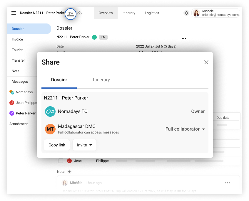 Travel partner collaboration - share dossier screenshot