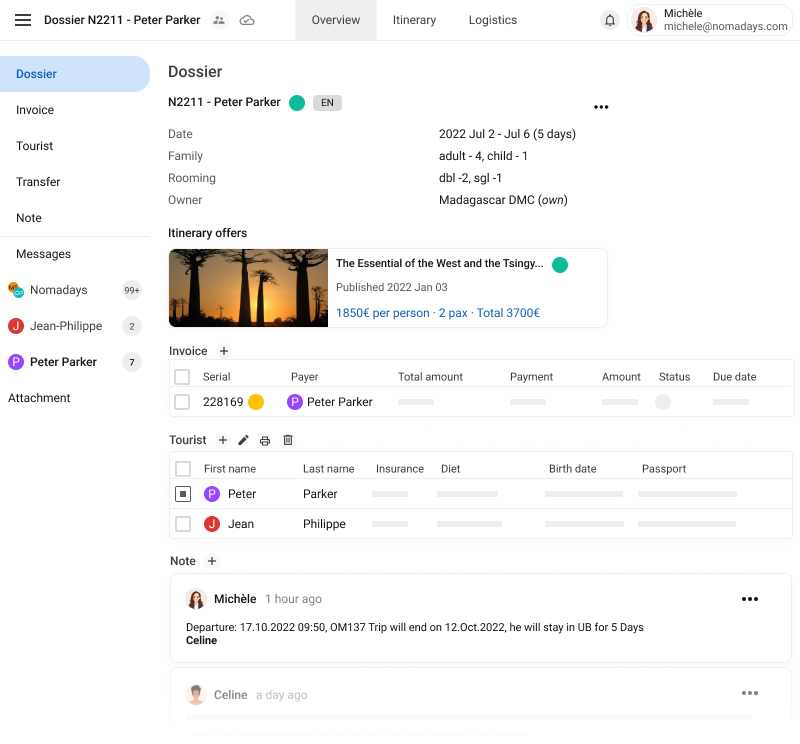 Travel sales and communications - trip dossier screenshot